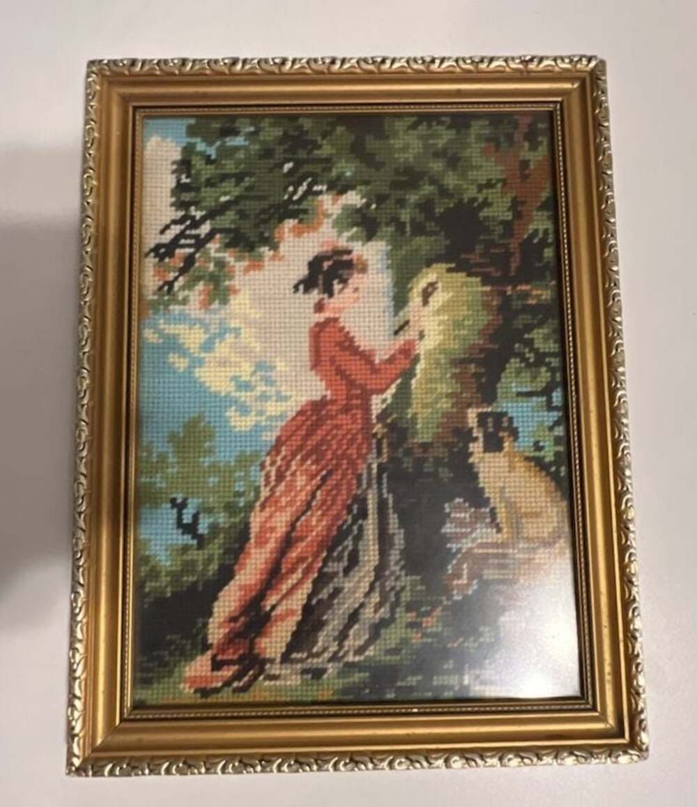 Vintage Framed Needlepoint Wall Art - Victorian Lady with Dog